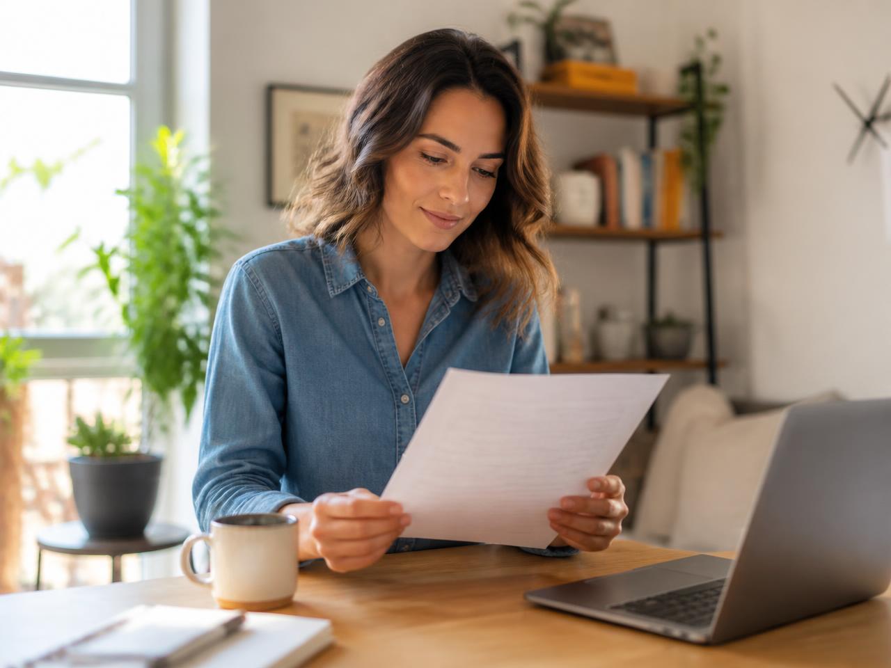 A job seeker sitting at a home desk, calmly reading a printed resume beside an open laptop